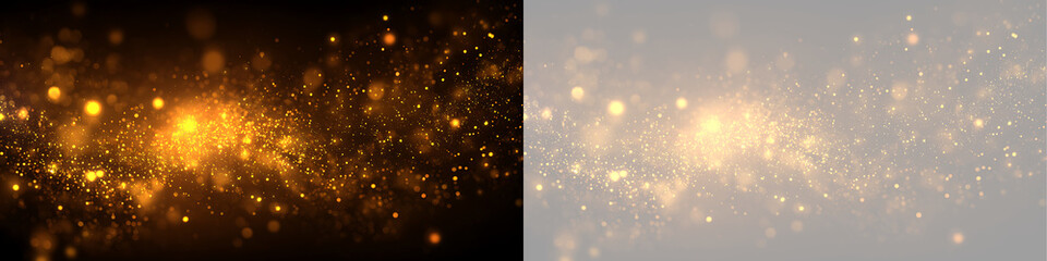 Dynamic wave of golden glitter and sparkling particles on black and transparent background. Luminous light burst and bokeh stream. Abstract magic shimmer banner © Николай Mовчан
