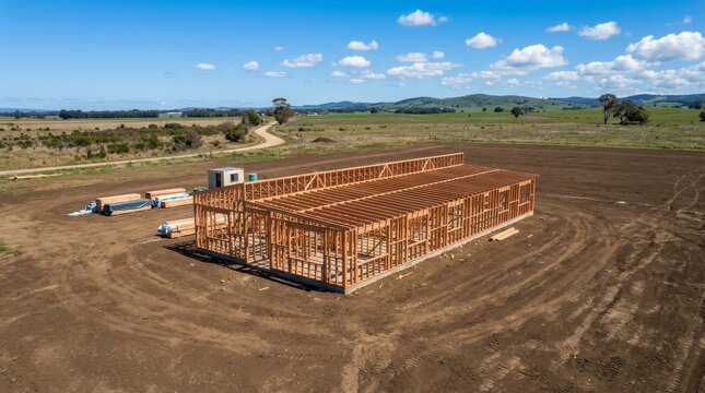 Aerial view of wooden house frame construction in rural landscape.