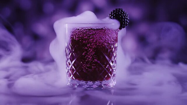 Dark Purple Halloween Cocktail In A Crystal Glass With Dry Ice