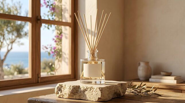 Modern minimalist reed diffuser on stone slab mockup for home decor branding