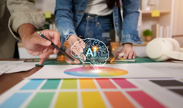 Creative team using artificial intelligence brain tech for design project