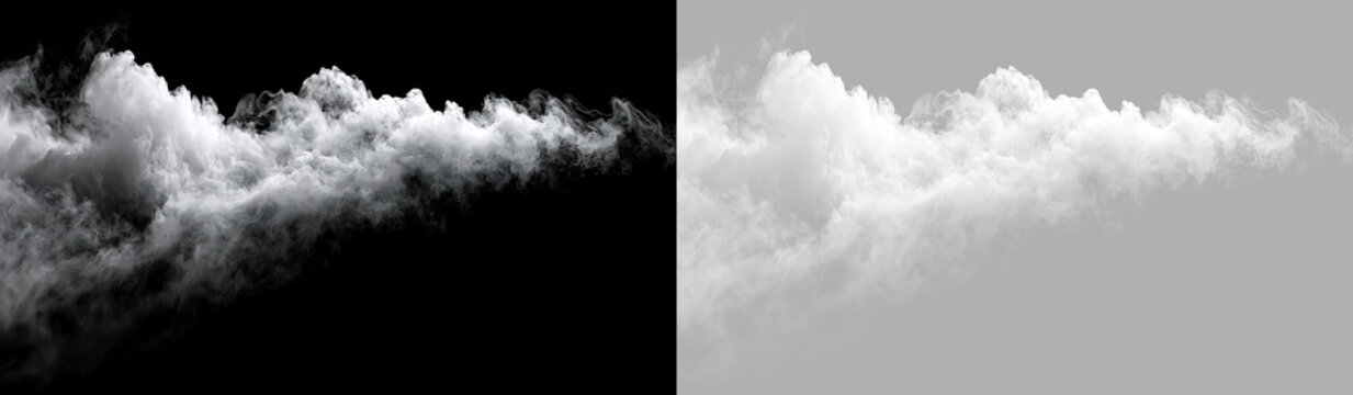 Long wave of white fog isolated on black and transparent background. Wispy smoke overlay design element