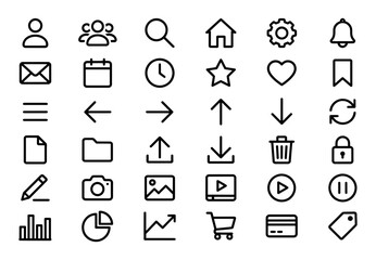 Fototapeta premium Collection of various black outline user interface icons for mobile applications and modern website design projects