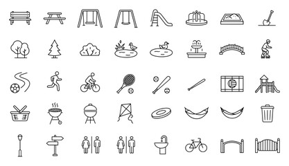 Fototapeta premium Collection of outdoor park and recreation line art icons featuring playground equipment sports activities and public facilities