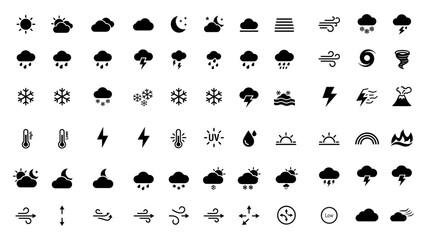 Obraz premium Collection of black weather icons featuring sun clouds rain snow lightning wind and various atmospheric conditions for applications