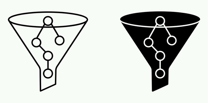 Two funnel icons showing a network structure inside for business marketing conversion or data filtering visual concepts