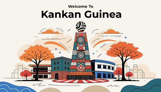Kankan Guinea Travel Destination Illustration - Landmark Tower, Buildings, Trees, Flat Design