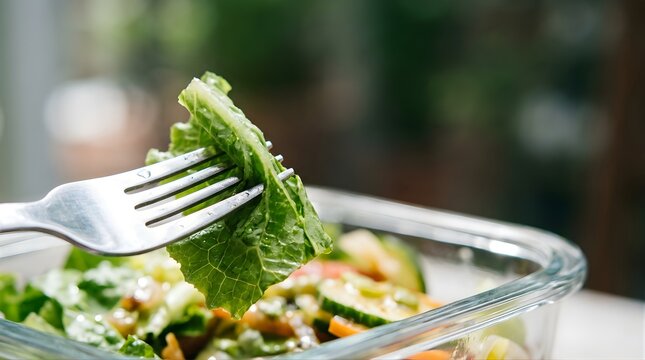 Fresh lettuce leaf on a fork held over a glass bowl of vegetable salad