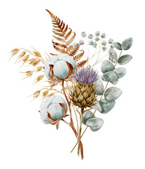 Watercolor botanical bouquet featuring cotton bolls, purple thistle, dried fern, eucalyptus, and wild grasses. Rustic boho floral arrangement on a white background © Ольга Примачек
