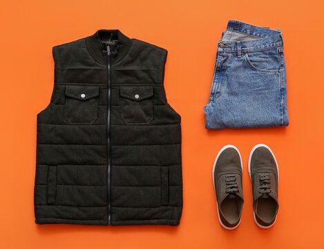 Mens Winter Casual Outfit Vest Jeans and Shoes Flat Lay Display
