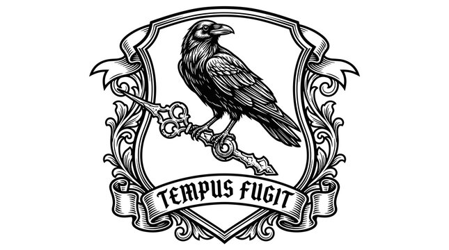 Raven perched on ornate key with Tempus Fugit motto in vintage crest