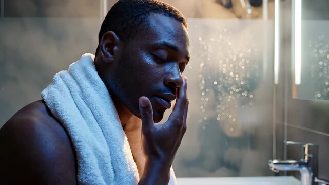 Man applies facial mask in steamy bathroom after shower. Male does skincare with clay mask and towel. Man treats face with mask in bathroom. Skincare routine with facial mask in spa bathroom steam.