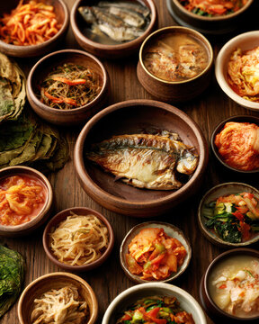 Traditional Korean Cuisine with Grilled Fish and Fermented Side Dishes &ndash; AI Generative