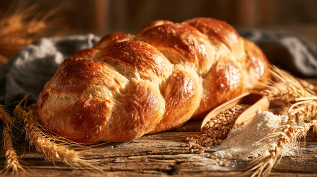 Traditional Braided Sweet Bread Loaf on Rustic Wooden Table &ndash; AI Generative