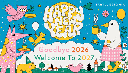 Naklejka premium Happy New Year 2027 Greeting Card with Cute Animals, Owl, Fox, Birds, Stars, Balloons, Town Silhouette