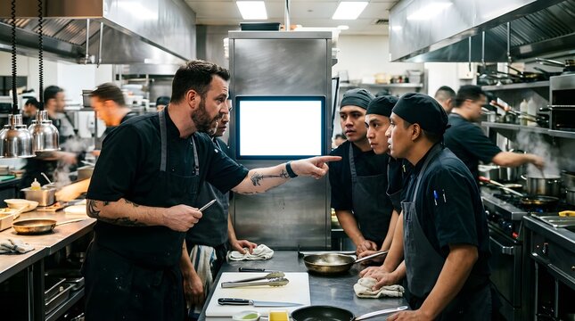 Professional head chef instructing his team in a busy restaurant kitchen