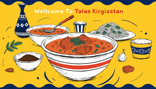 Kyrgyzstan Traditional Food & Welcome to Talas, Central Asian Cuisine Illustration