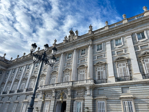 View of Royal palace on Oriente square. Close-up. Madrid. Spain.