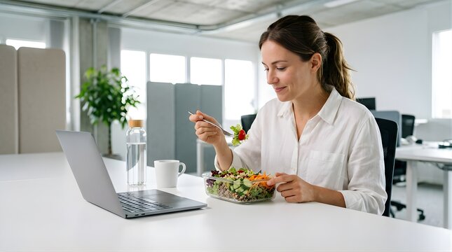 Professional woman eating a healthy salad lunch at her desk in office