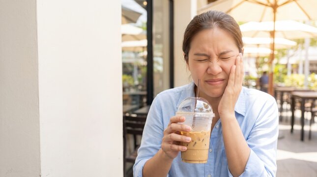 Woman with Toothache Holding Iced Coffee Outdoors, Grimacing in Pain