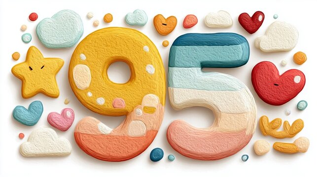 Decorative Number 95 Concept With Pastel Clouds Hearts And Star Icons Set Isolated On White Backdrop
