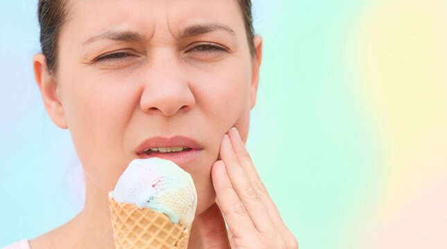 Woman in pain from toothache while eating ice cream, sensitive teeth concept