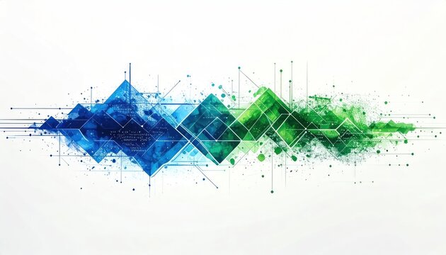 Blue and green geometric crystal explosion on white background.