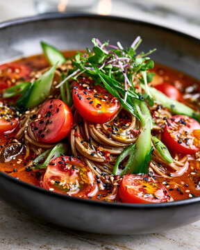 Cold Tomato and Kimchi Soba Noodle Soup with Fresh Vegetables &ndash; AI Generative