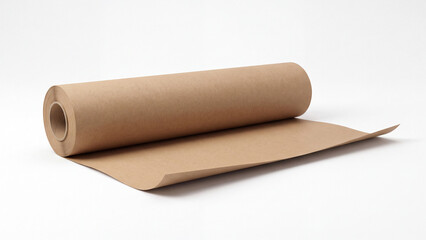 Fototapeta premium Brown kraft paper roll partially unrolled on white background, eco-friendly wrapping and packaging material