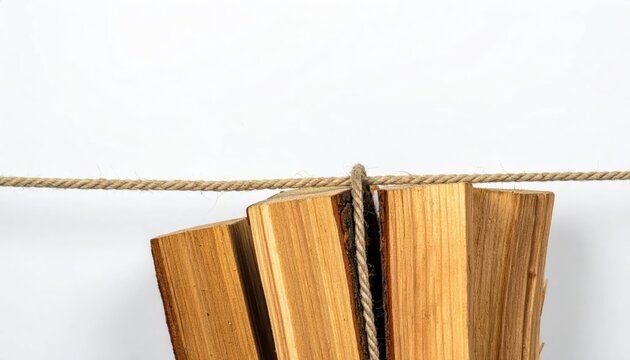 Bundle of dry firewood tied with twine rope.