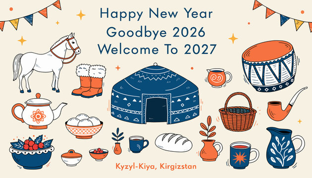 Happy New Year 2027! Traditional Kyrgyz Yurt, Horse, Drums, Food & Festive Banners - Kyzyl-Kiya Celebration