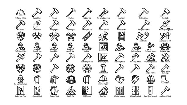 Collection of firefighting and rescue tools icons featuring axes helmets and equipment for emergency response scenarios