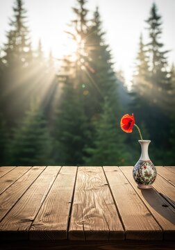 Rustic wooden table top against a beautiful blurred boreal forest background with soft morning sunlight, ideal for product mockup display, template, planks, green