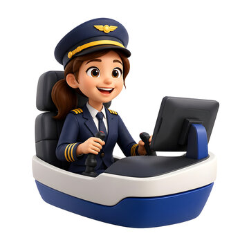 International Youth Day cheerful female aviator character sitting inside cockpit controls.