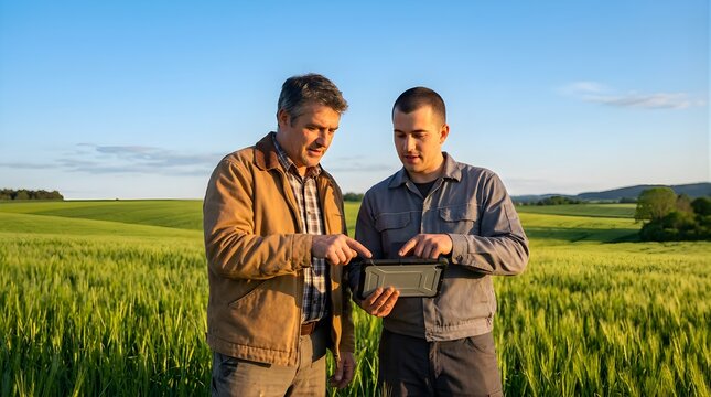 Two farmers inspecting green wheat field using tablet for crop analysis
