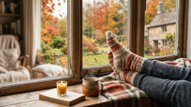 Cozy autumn scene with person in knitted socks relaxing by a window, enjoying a warm drink, book, and candle with a vibrant fall landscape outside