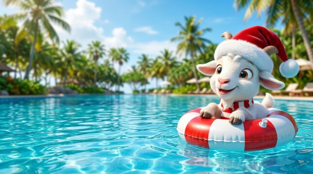 Cartoon goat in santa hat floating in a swimming pool on a tropical vacation