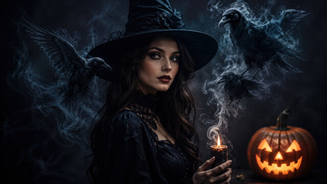 Gothic witch holds a burning candle beside smoky ravens and a glowing jack-o-lantern, creating a dark Halloween scene of magic and mystery.