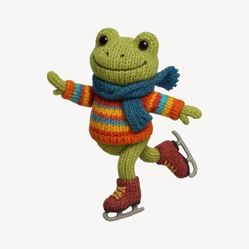 Knitted frog ice skating joyfully.