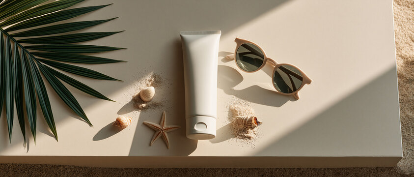 Clean beauty meets coastal living. Blank sunscreen tube mockup styled with round sunglasses, seashells, sand, and a palm leaf in warm natural light. Perfect for summer skincare campaigns.