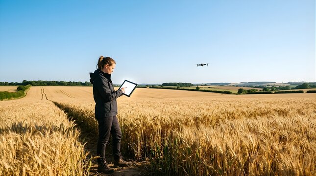 Woman farmer using a digital tablet to control a drone over wheat field