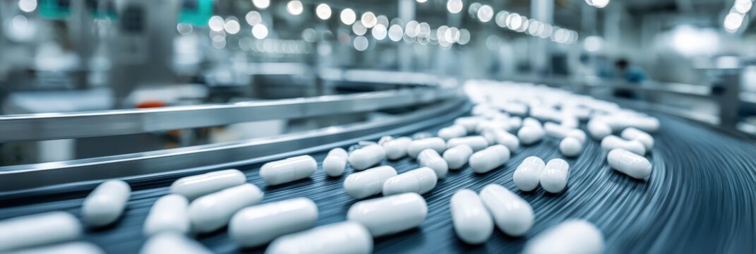 Close up of capsules moving on automated conveyor in pharmaceutical factory. Concept of drug manufacturing, healthcare industry, quality control, mass production and medical technology.