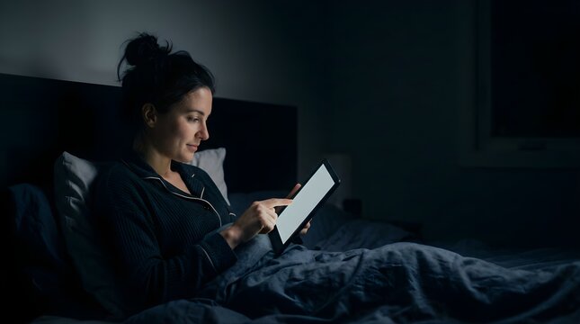 Woman using tablet in bed at night to browse internet before sleeping