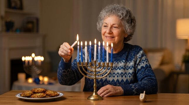 Happy Senior Jewish Woman Lighting Hanukkah Menorah Candles at Home with Latkes and Dreidel