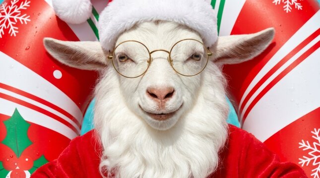 Happy white goat wearing santa hat and glasses on christmas-themed inflatable in water. Festive animal in swimming pool with holiday decor