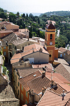 Beautiful view of the old town and sea on a summer day. Top view.  Roquebrune-Cap-Martin. France.