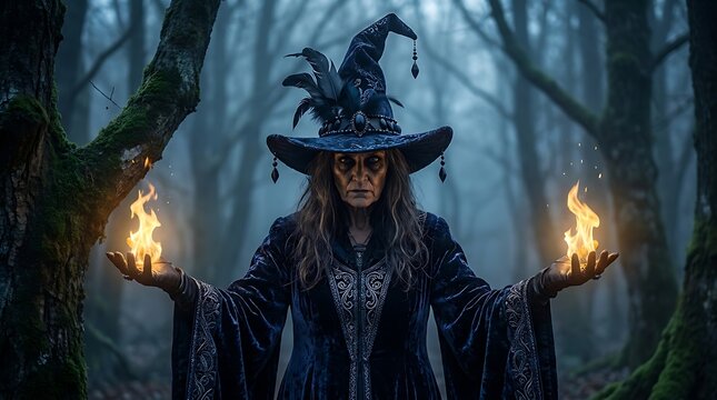 A mysterious witch wearing a tall ornate hat stands in a dark foggy forest holding glowing magical flames in her hands