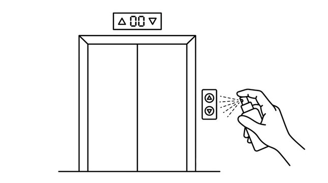 Hand spraying disinfectant onto elevator button to ensure safety and prevent germs in modern public buildings