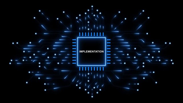 Digital Technology Implementation Concept with Futuristic Microchip, Glowing Circuit Network and Advanced Data Flow Animation