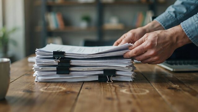 Close Up of Office Worker Hands Organizing and Filing Stack of Important Paperwork Secured with Black Binder Clips at Wooden Desk in Archive Room